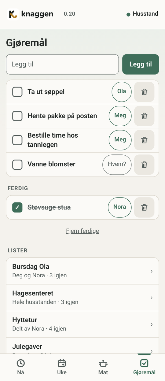 Skjermen Gjøremål på telefon med oppgaver og navn på hvem som har dem