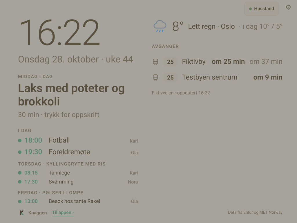 Kjøkkenskjermen med klokke, vær, middag i dag og dagens avtaler