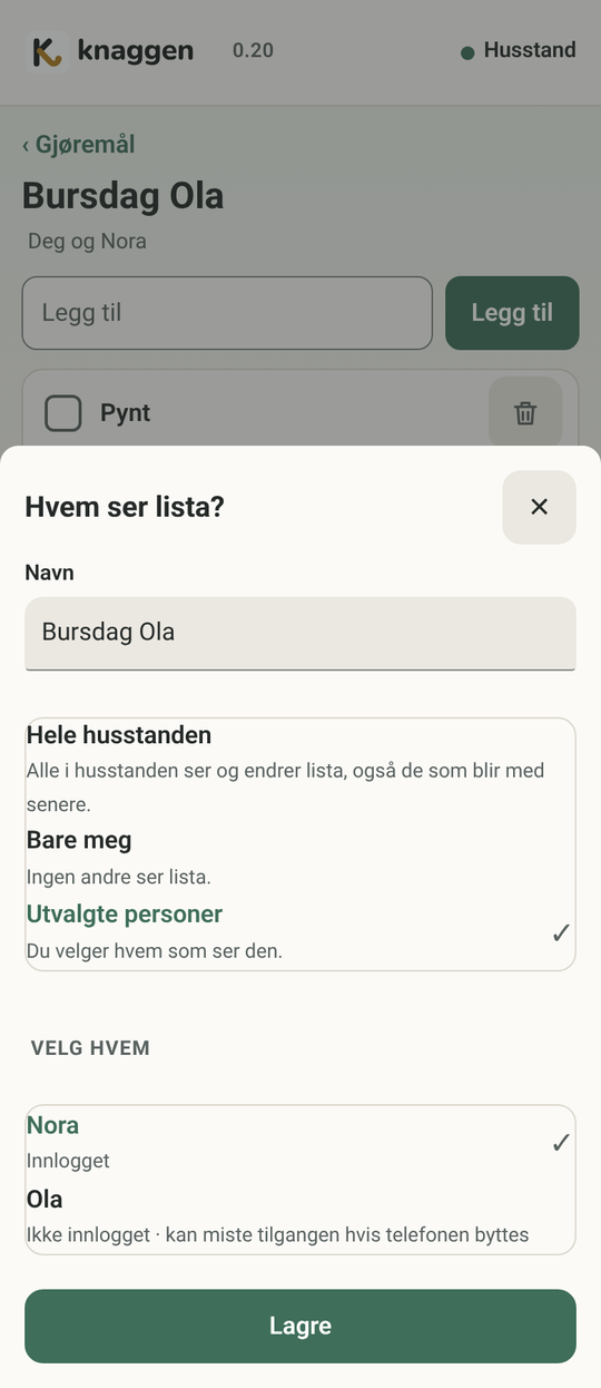 Arket «Hvem ser lista?» med valgene Hele husstanden, Bare meg og Utvalgte personer