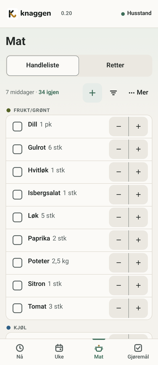 Skjermen Mat på telefon med handleliste for ukas middager