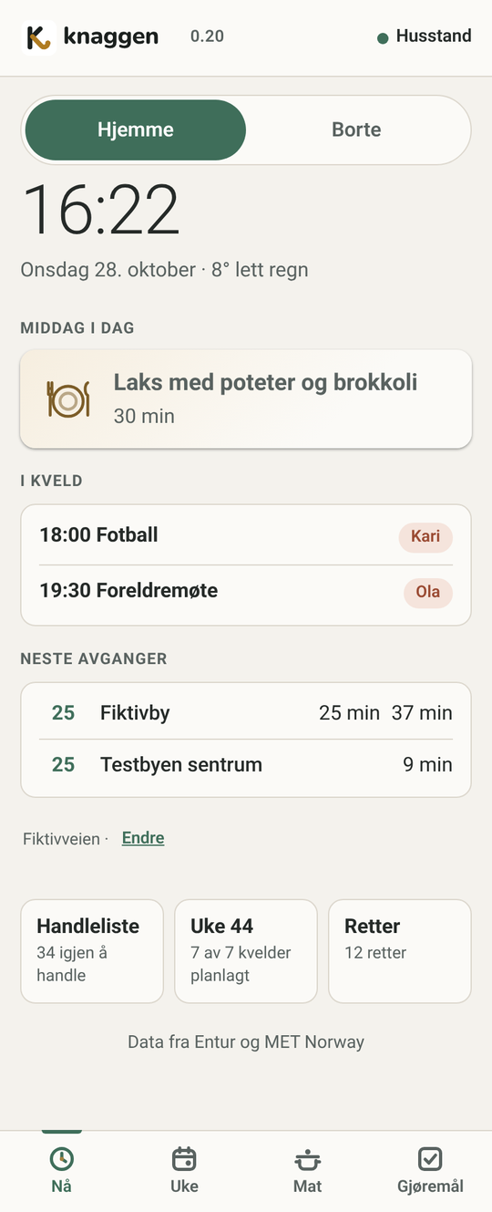 Skjermen Nå på telefon: middag i dag, avtaler i kveld og neste avganger