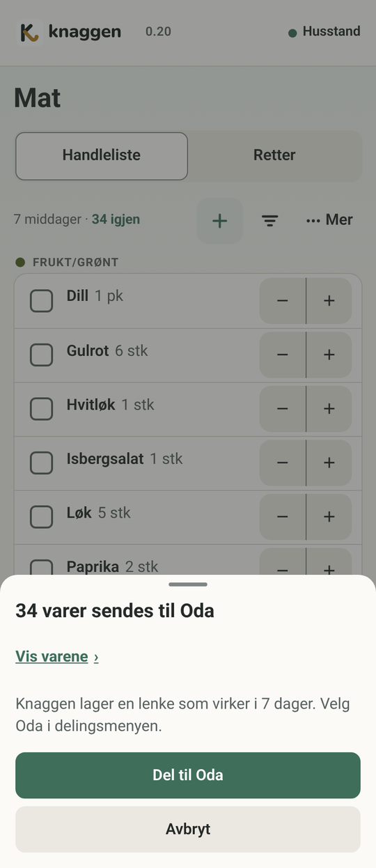 Arket «34 varer sendes til Oda» med knappene Del til Oda og Avbryt