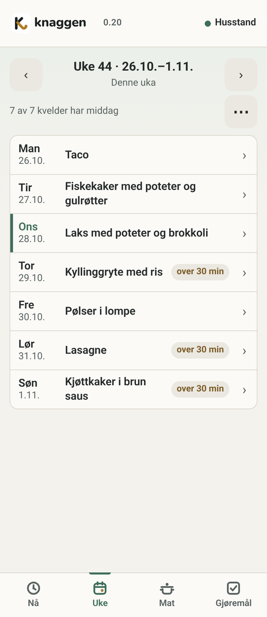 Skjermen Uke på telefon med middager og avtaler for hver dag
